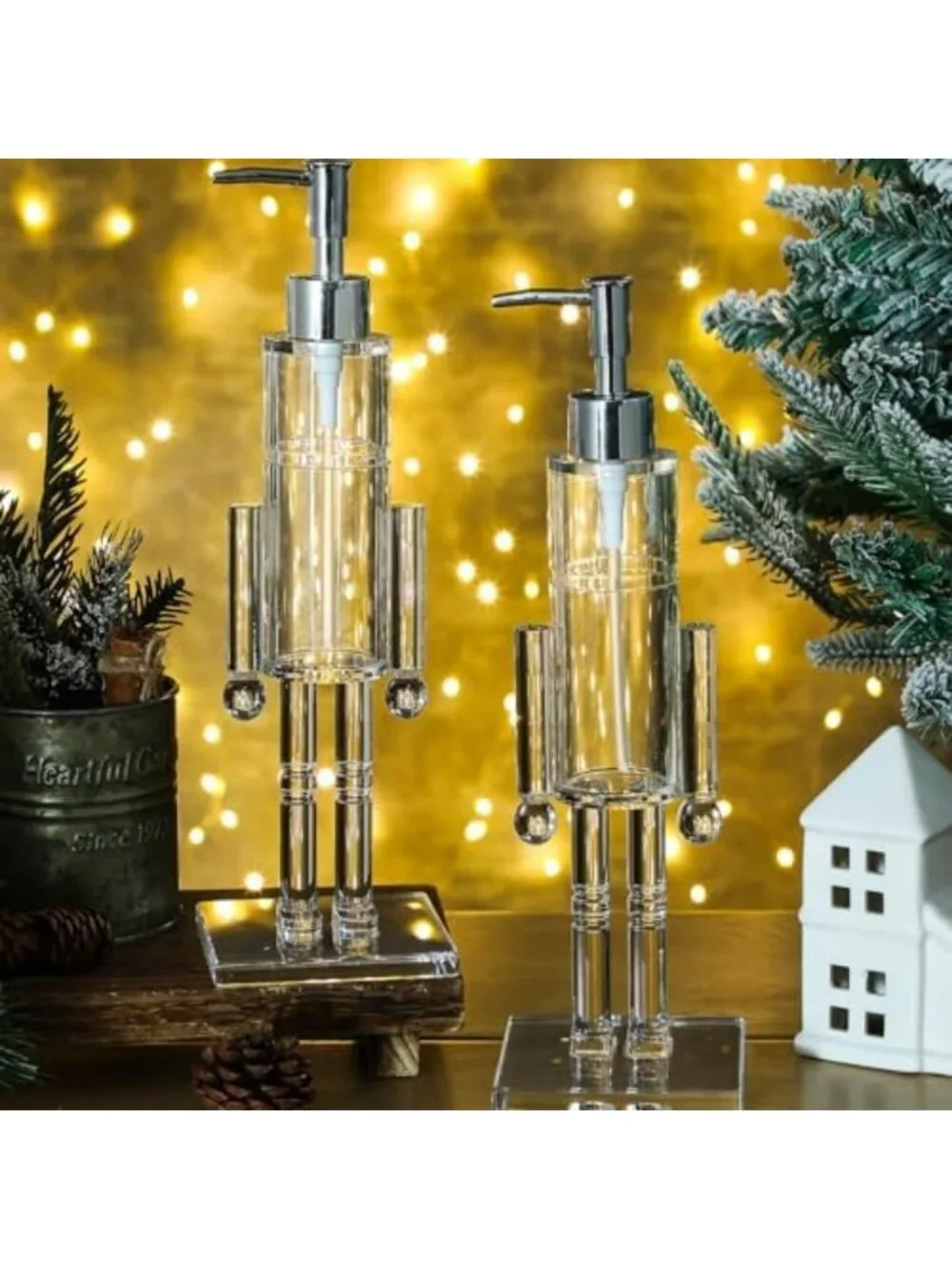 2 Pcs Christmas Soap Dispenser Set - Clear Acrylic Nutcracker Pump for Holiday